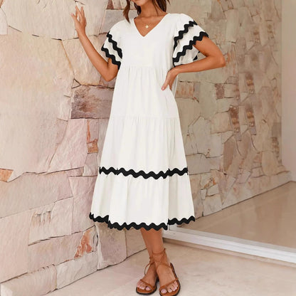 Robe midi femme – Encolure en V – Manches volantes – Coupe fluide – Tissu respirant