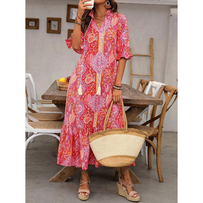 Robe midi femme – Coupe fluide – Imprimé bohème – Manches volantées – Col noué