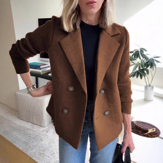 Veste blazer femme – Coupe oversize – Double boutonnage – Manches en maille côtelée