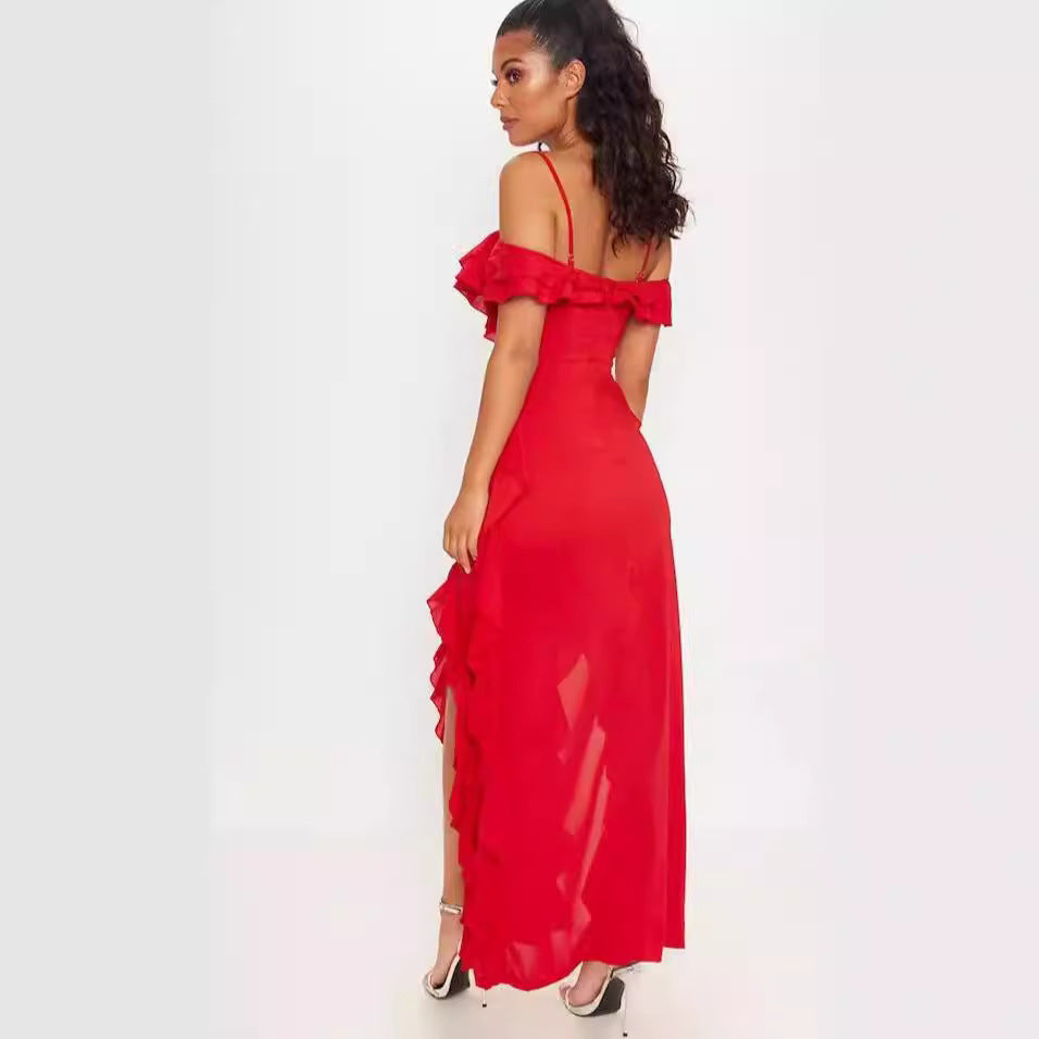 Robe longue femme – Coupe slim – Mousseline volante – Bretelles fines – Épaules dénudées – Volants superposés