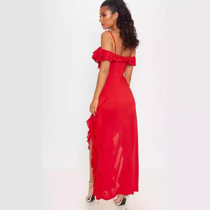 Robe longue femme – Coupe slim – Mousseline volante – Bretelles fines – Épaules dénudées – Volants superposés