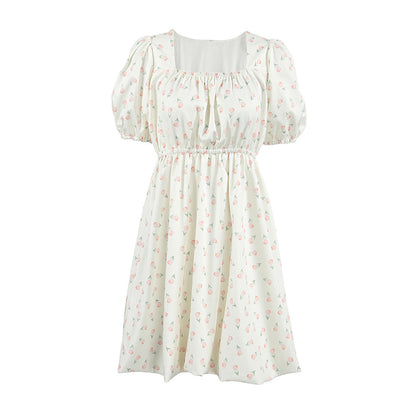 Robe femme évasée – Coton léger – Manches bouffantes – Imprimé fleuri – Col carré