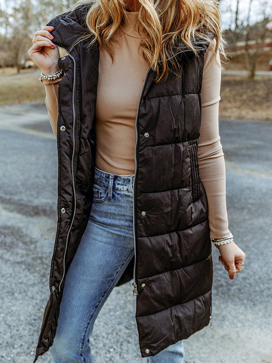 Veste longue femme – Matelassée légère – Coupe décontractée – Sans manches à capuche