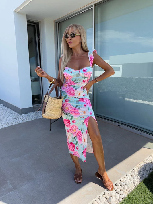 Robe midi femme – Coupe slim – Imprimé floral – Bretelles à volants – Fente latérale – Tissu respirant