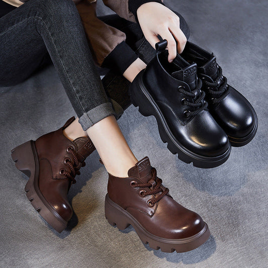 Bottines Femme – Cuir Véritable – Tige Haute – Semelle Épaisse – Laçage Résistant