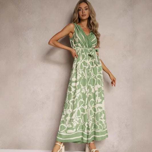 Combinaison femme – Sans manches – Décolleté en V – Taille nouée – Coupe fluide imprimée