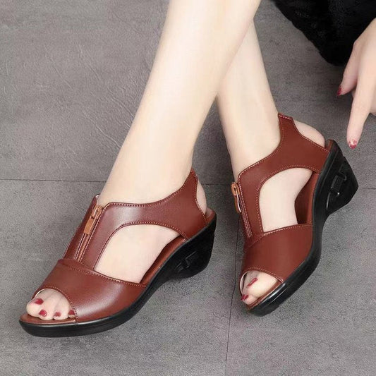Sandales compensées femme – Similicuir respirant – Bout ouvert – Fermeture zippée