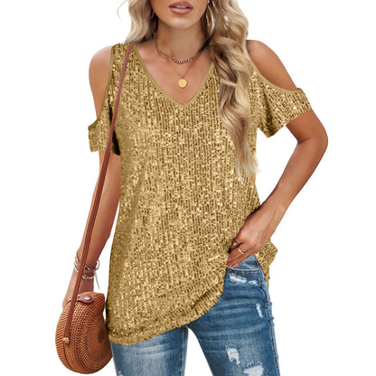Haut femme – Épaules dénudées – Col en V – Coupe décontractée – Devant à sequins