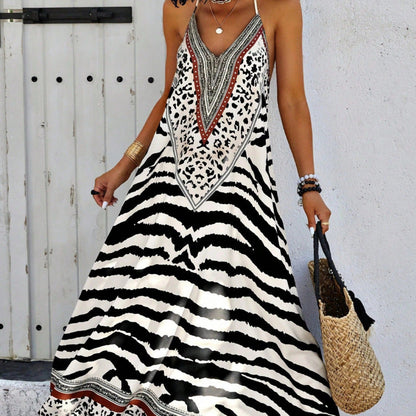 Robe longue femme – Coupe évasée fluide – Décolleté en V – Motif audacieux – Bretelles fines