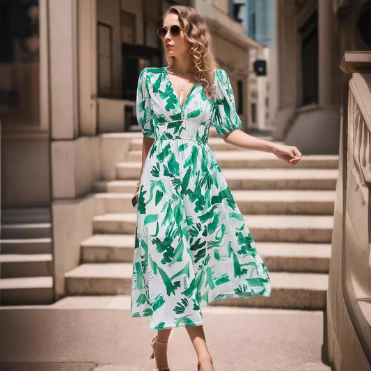 Robe midi femme – Taille cintrée – Manches bouffantes – Décolleté en V – Tissu respirant