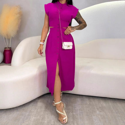 Robe midi femme – Coupe slim – Sans manches – Taille ajourée – Col montant – Boutonnée