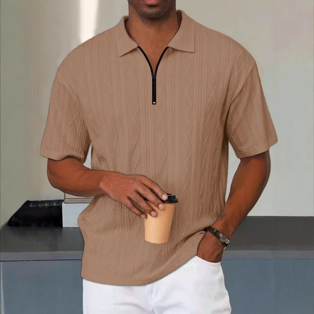 Polo homme – Maille douce – Coupe décontractée – Col zippé – Motif torsadé