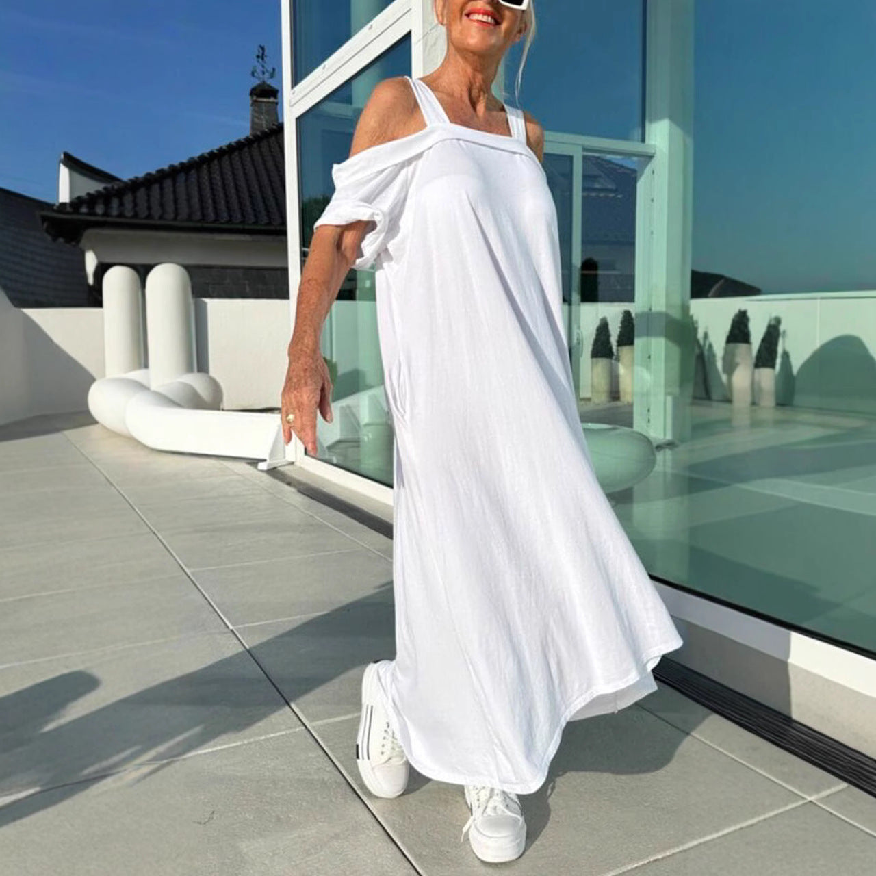 Robe longue femme – Épaules dénudées – Coupe ample – Tissu coton léger – Style décontracté