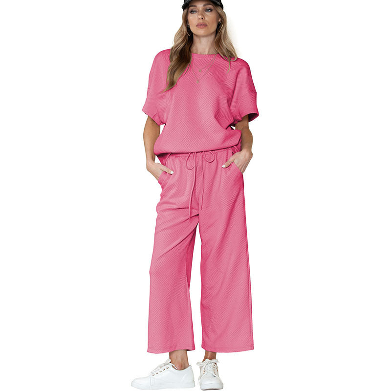 Ensemble Femme Décontracté – Tissu Texturé Léger – Coupe Ample – Taille Cordon Ajustable