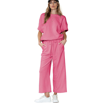 Ensemble Femme Décontracté – Tissu Texturé Léger – Coupe Ample – Taille Cordon Ajustable