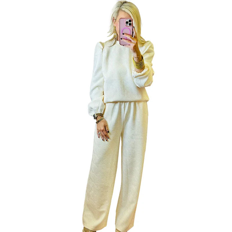 Tailleur femme deux pièces – Coupe décontractée – Pantalon large – Manches longues