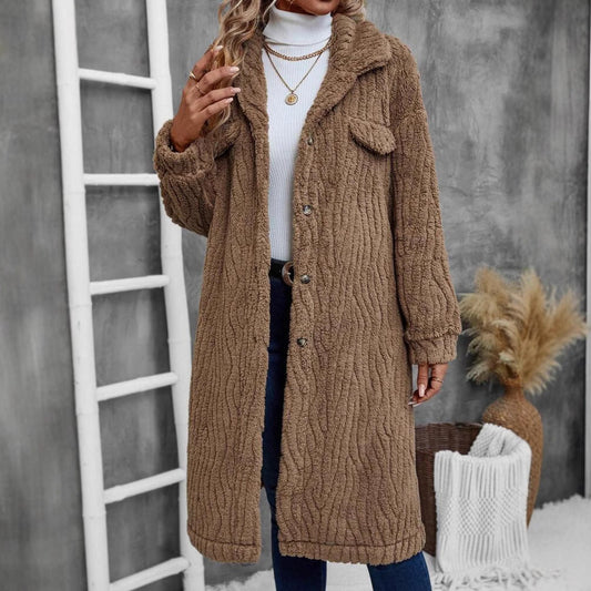 Manteau femme en peluche – Coupe oversize – Col fourrure – Boutonnage – Longueur midi