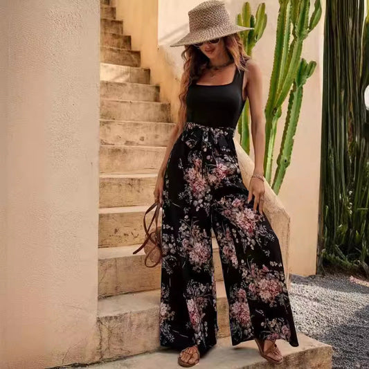Combinaison femme – Sans manches – Imprimé floral – Taille ceinturée – Jambes larges