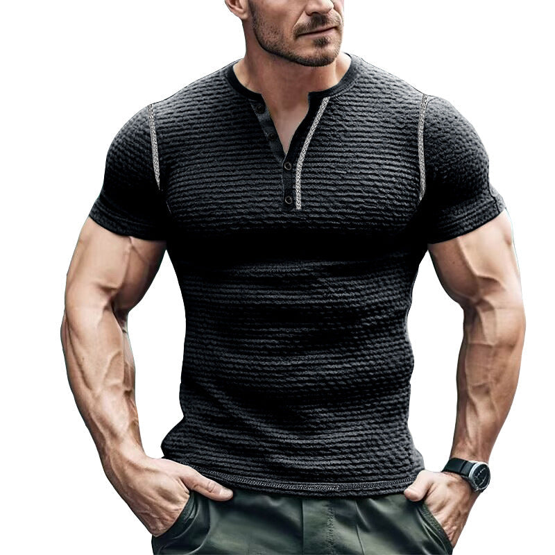 T-shirt Henley homme – Coupe slim – Maille gaufrée – Manches courtes respirantes