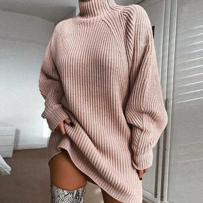 Robe Pull Femme – Coupe Oversize – Maille Côtelée – Col Cheminée – Manches Raglan