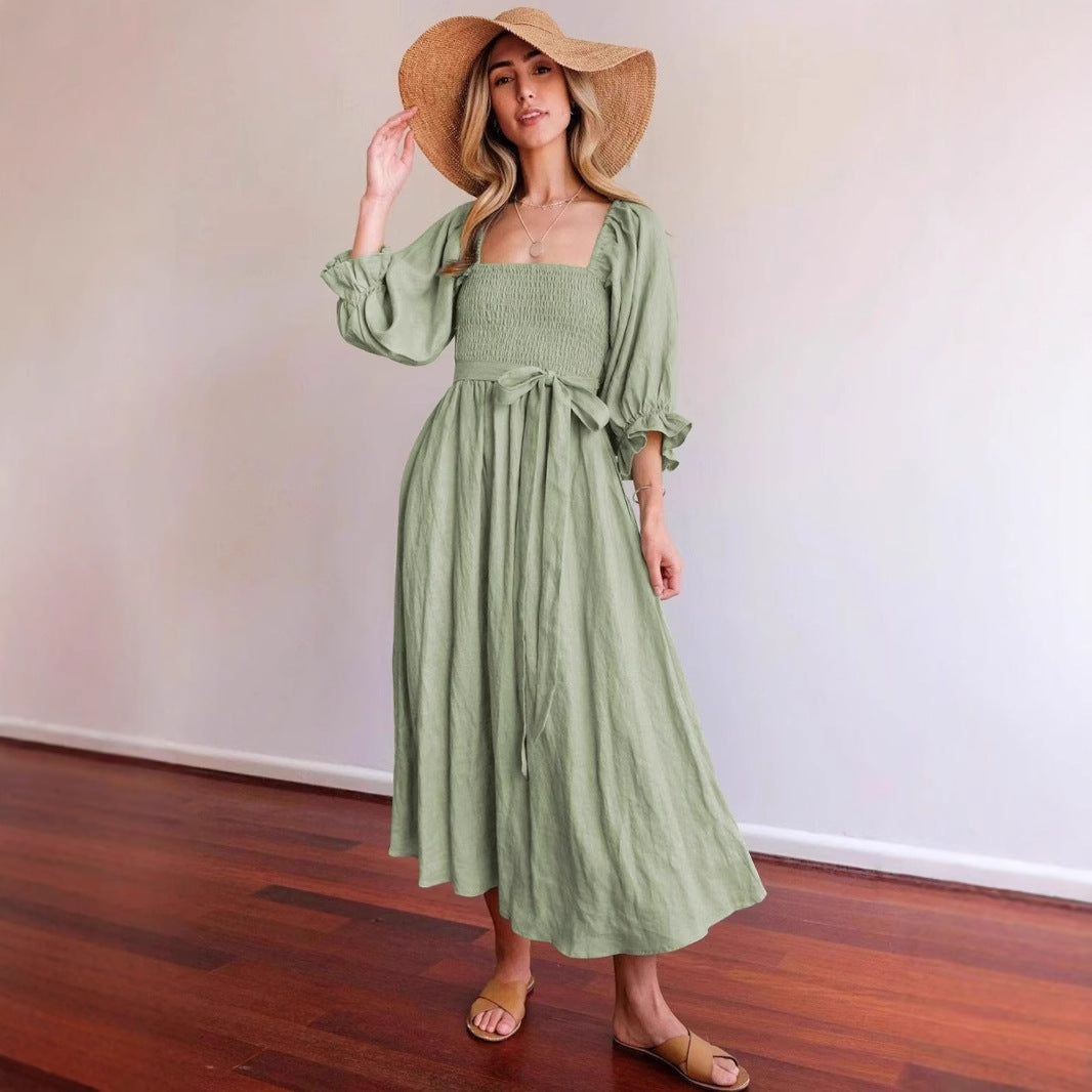 Robe midi femme – Corsage smocké – Taille haute ceinturée – Manches bouffantes