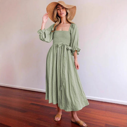 Robe midi femme – Corsage smocké – Taille haute ceinturée – Manches bouffantes