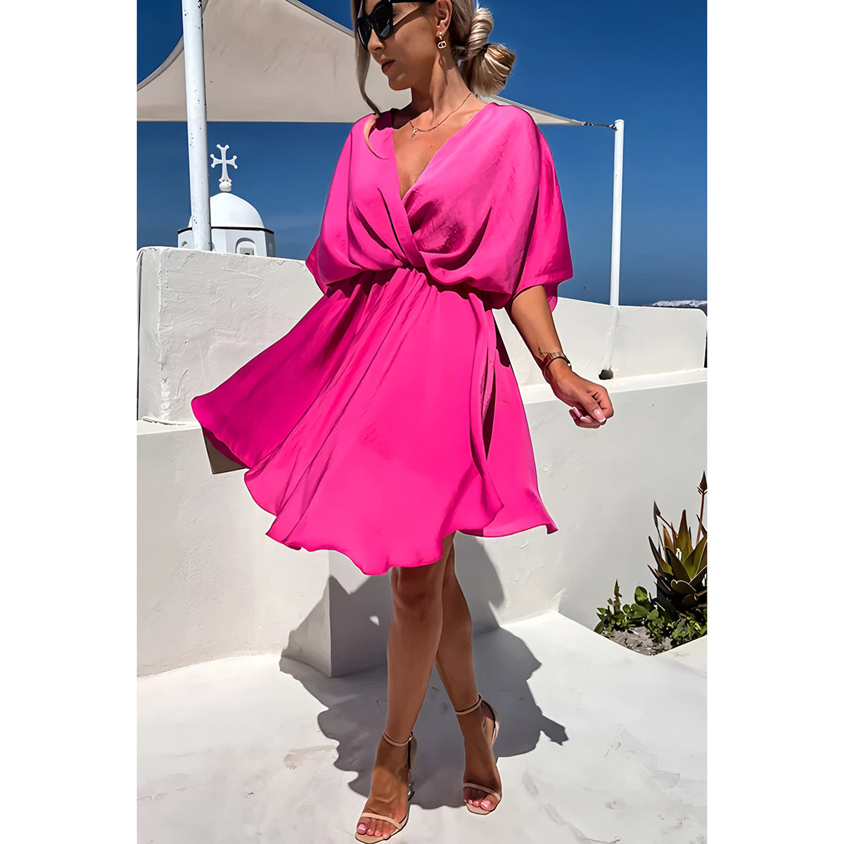 Robe femme – Coupe décontractée – Manches chauve-souris – Ourlet asymétrique élégant