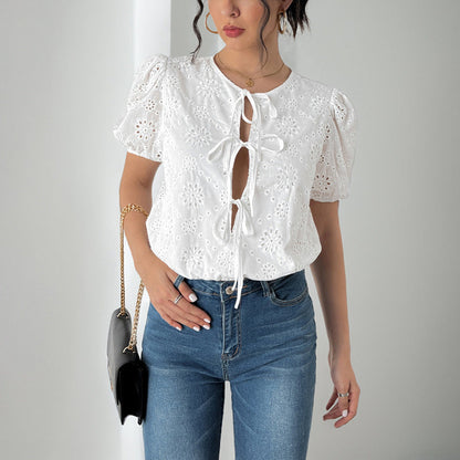 Blouse femme – Coupe décontractée – Tissu respirant – Manches bouffantes – Nœuds devant