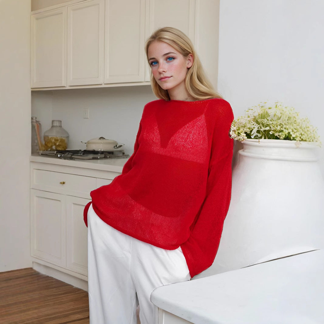 Pull femme – Maille légère – Coupe oversize – Manches longues – Col rond