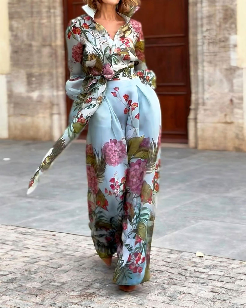 Robe maxi femme – Coupe ajustée – Imprimé fleuri – Manches longues – Ceinture élégante