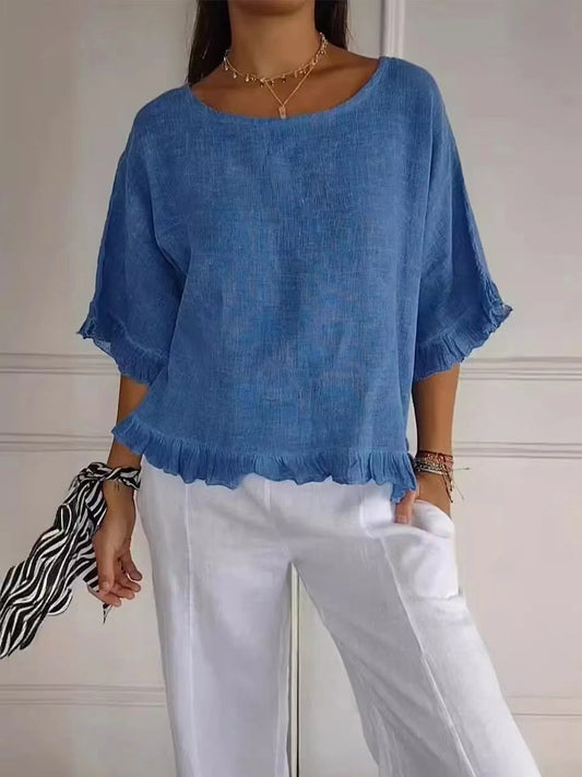 Blouse femme manches courtes – Coupe fluide – Lin et coton – Col rond – Finitions volantées