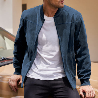 Blouson bomber homme – Coupe classique – Tissu toucher daim – Col montant zippé