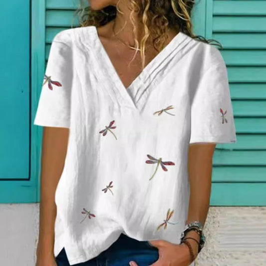 Blouse Femme – Col V – Coupe Décontractée – Détails Brodés Libellules – Manches Courtes