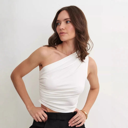 Top court femme – Épaule unique – Coupe slim – Coton stretch froncé