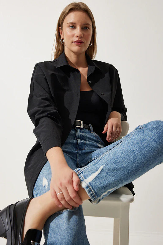 Blouse femme oversize – Coton doux – Manches longues – Boutonnée – Col classique