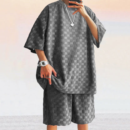 Ensemble décontracté homme – Maille jacquard – Coupe ample – Chemise et short droits