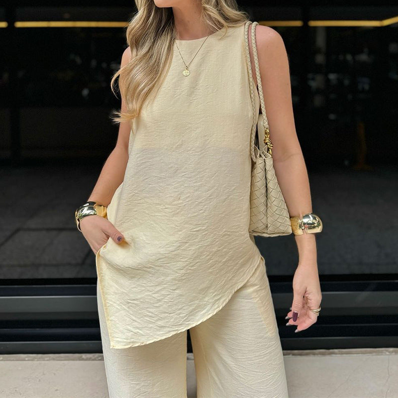 Ensemble femme deux pièces – Haut asymétrique sans manches – Pantalon large taille haute – Tissu plissé respirant