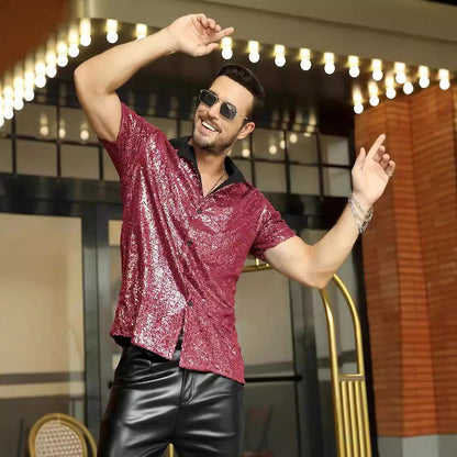Chemise homme – Slim fit – Sequins brillants – Manches courtes style soirée