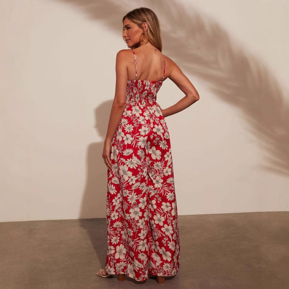 Combinaison femme – Taille smockée – Imprimé fleuri – Bretelles fines – Jambe large