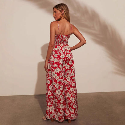 Combinaison femme – Taille smockée – Imprimé fleuri – Bretelles fines – Jambe large