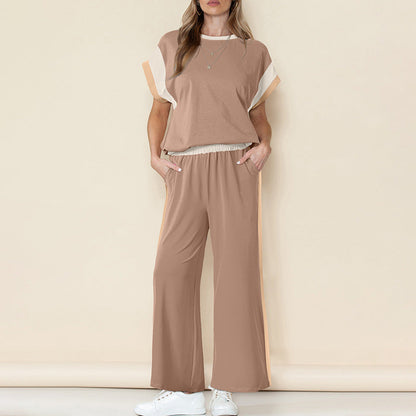 Ensemble Femme – Tissu Léger – Haut Manches 3/4 – Pantalon Évasé 7/8 – Détail Contraste