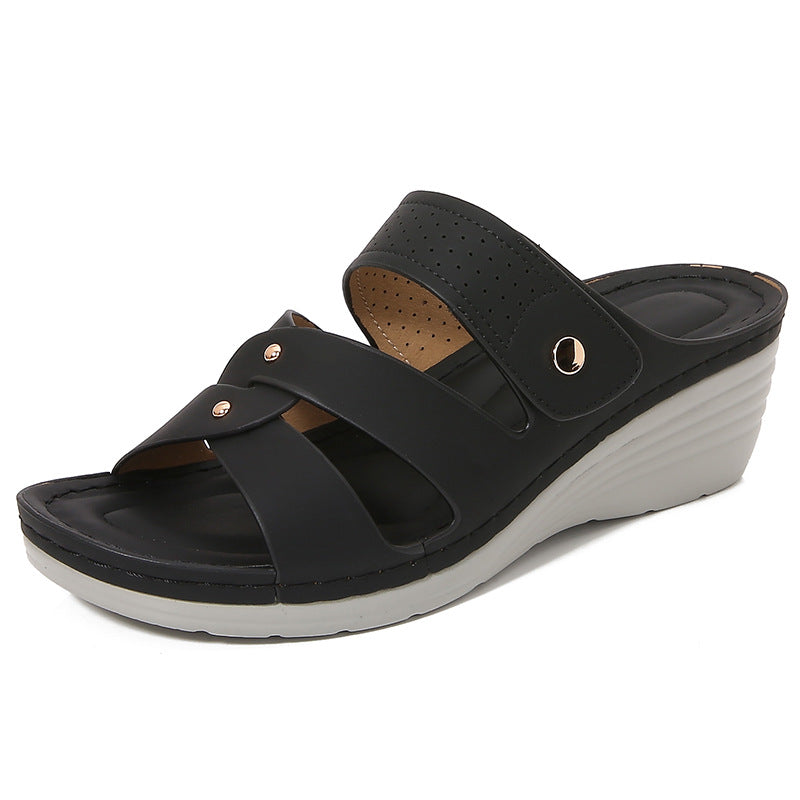 Sandales Compensées Femme – Bout Ouvert – Similicuir – Bride à Rivets – Enfilage Facile