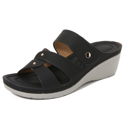 Sandales Compensées Femme – Bout Ouvert – Similicuir – Bride à Rivets – Enfilage Facile