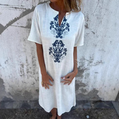 Robe midi femme – Fibres naturelles – Coupe ample – Manches courtes – Broderie devant
