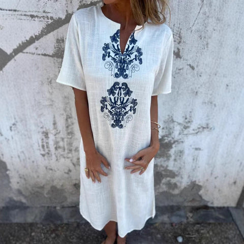 Robe midi femme – Fibres naturelles – Coupe ample – Manches courtes – Broderie devant
