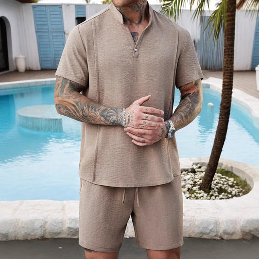 Ensemble homme t-shirt Henley et short – coton respirant – coupe décontractée