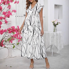 Robe longue femme – Coupe fluide – Sans manches – Col V – Imprimé graphique