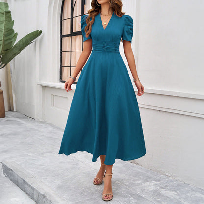 Robe midi femme – Coupe évasée – Col en V – Manches bouffantes – Taille froncée