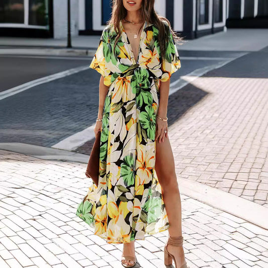 Robe longue femme – Taille haute – Décolleté cache-cœur – Fente latérale – Imprimé fleuri