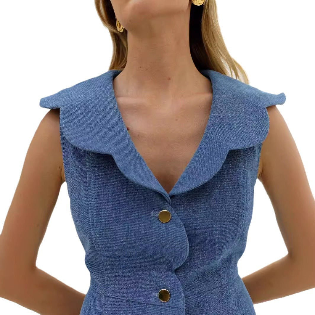 Robe femme en denim – Coupe ajustée – Sans manches – Patte festonnée – Courte